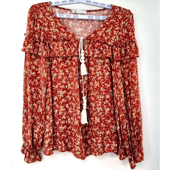 CY Fashion M Womens Floral Peasant  Boho Blouse Ruffles Womans Top‎ Flowy Rust - Picture 1 of 7